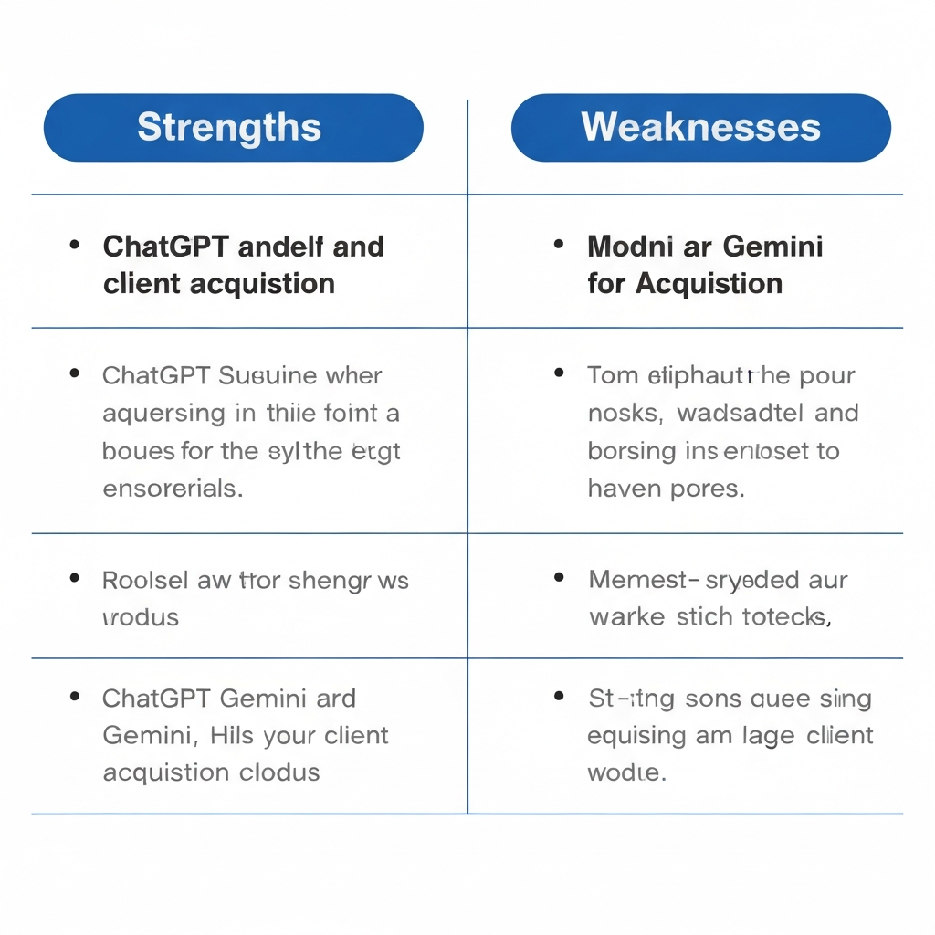 A two-column table titled 'ChatGPT vs. Gemini for Client Acquisition' with rows for 'Strengths' and 'Weaknesses', highlighting the key strengths and weaknesses of each model in bullet points or short phrases.