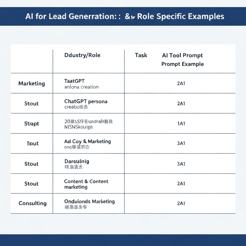 A three-column table titled 'AI for Lead Generation: Industry & Role Specific Examples,' with columns for 'Industry/Role,' 'Task,' and 'AI Tool Prompt Example.' The first row would be for 'Marketing,' showing 'Target Analysis,' 'ChatGPT persona creation,' and '20代女性、趣味はカフェ巡り、SNS好き.' Subsequent rows would cover other marketing tasks like ad copy creation and content marketing, and then similar breakdowns for Consulting tasks.