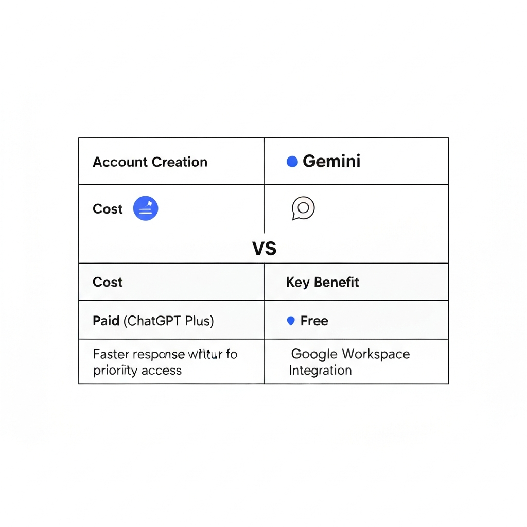 A two-column table comparing ChatGPT and Gemini, with rows for 'Account Creation,' 'Cost,' and 'Key Benefit.' ChatGPT's 'Cost' row would be further divided into 'Free' and 'Paid (ChatGPT Plus),' highlighting faster response and priority access for the paid version. Gemini's 'Cost' would simply state 'Free,' and its 'Key Benefit' would highlight Google Workspace Integration.