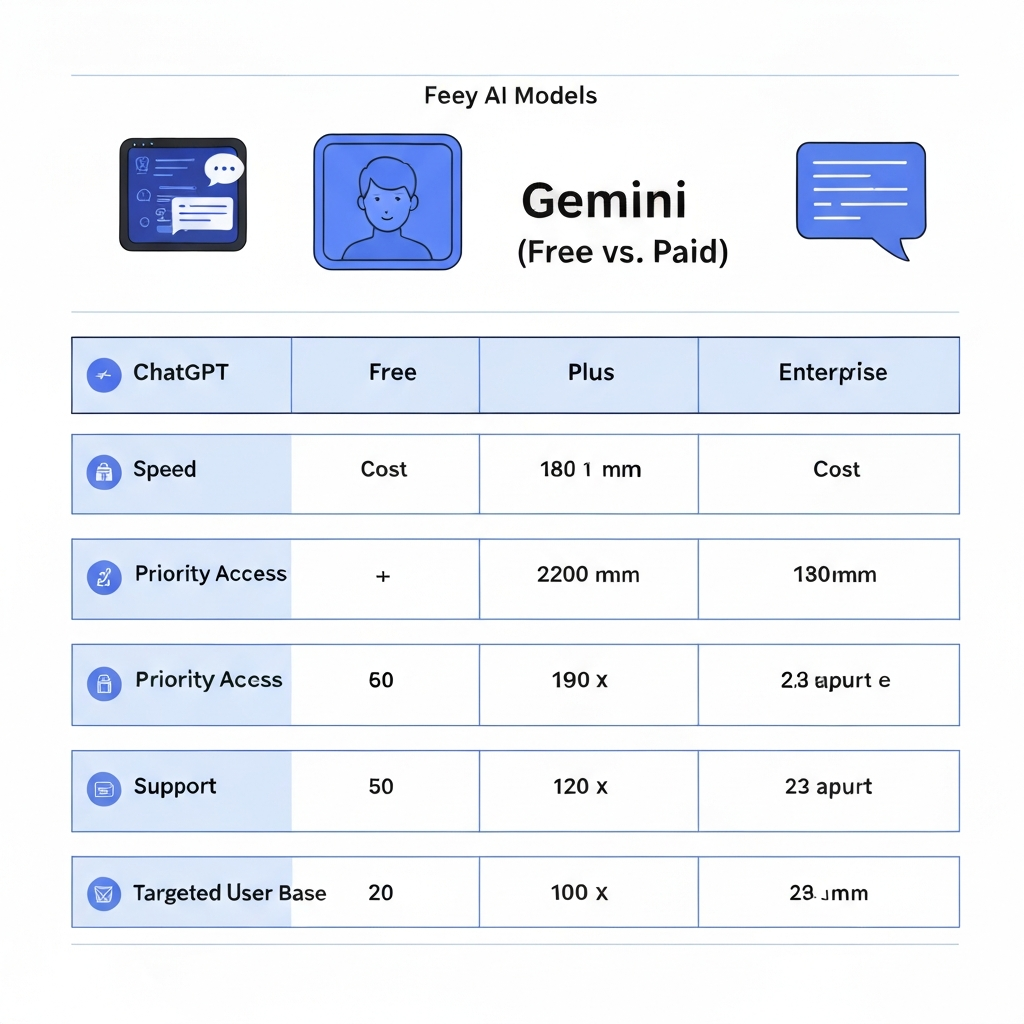 A table comparing ChatGPT (Free, Plus, Enterprise) and Gemini (Free, Paid) across features, cost, speed, priority access, security, support, and target audience.