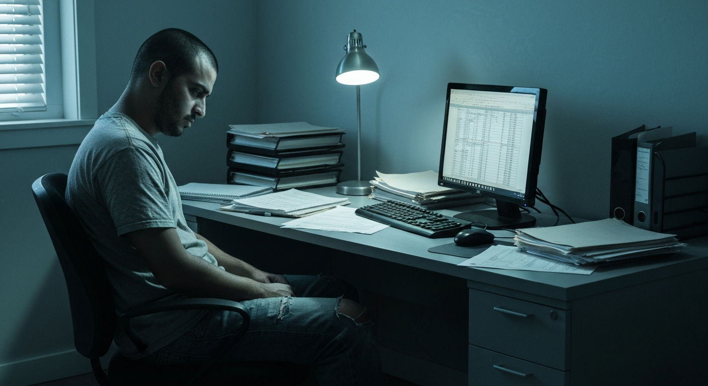 A person sitting at a desk, looking stressed , overwhelmed, with piles of paperwork , a computer screen filled with notifications. The overall tone is one of burnout , the need for a break.