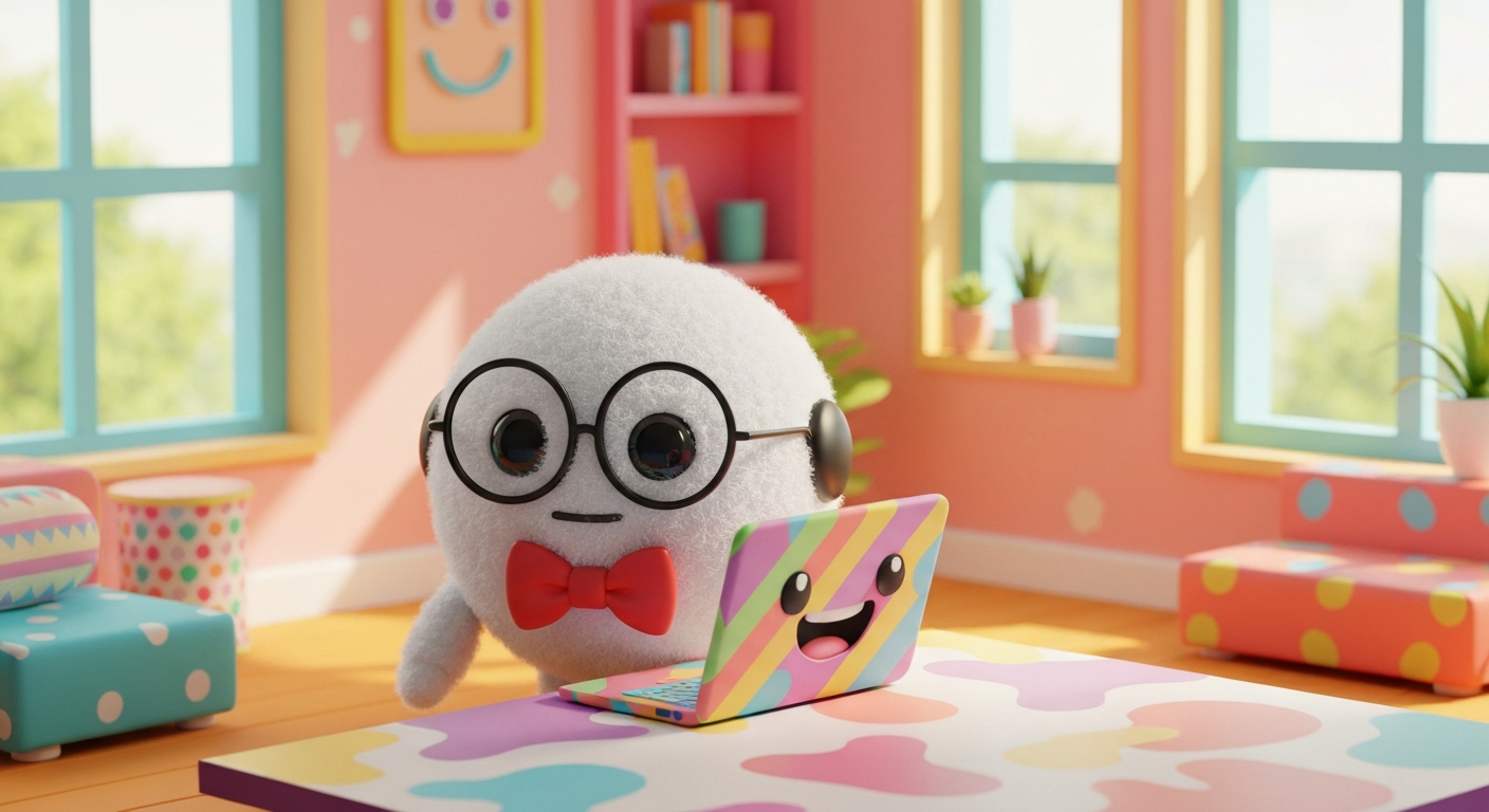 Cute 3D render of a friendly robot working remotely at a desk with a laptop, multiple screens, , a cup of coffee. The background is a cozy home office with soft, pastel colors.