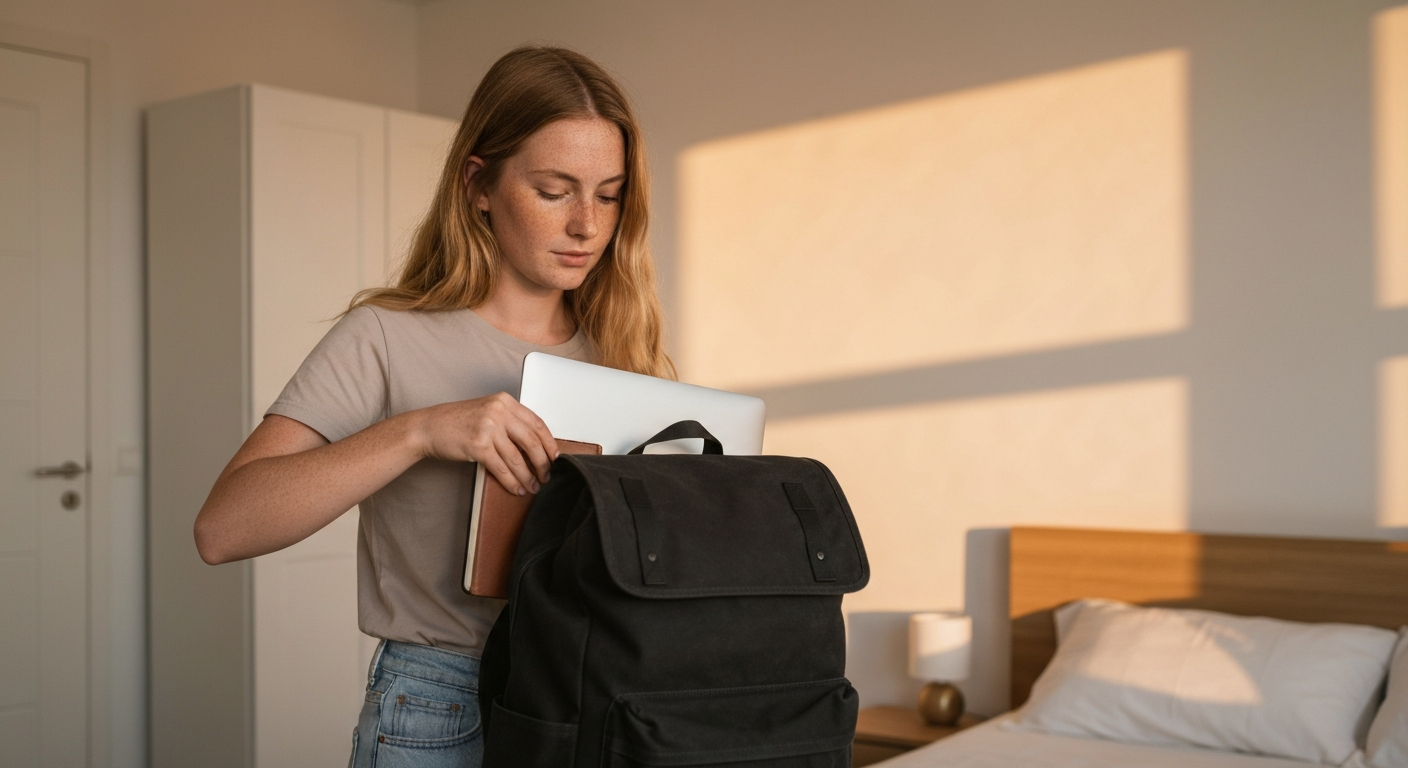 A person packing a suitcase with a laptop , art supplies, getting ready for a weekend trip. The style is a cozy, hand-drawn illustration with warm colors。