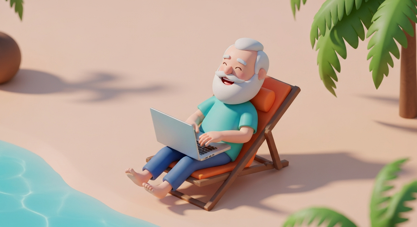 a person happily coding on a laptop on a tropical beach, vibrant colors, 3D claymation