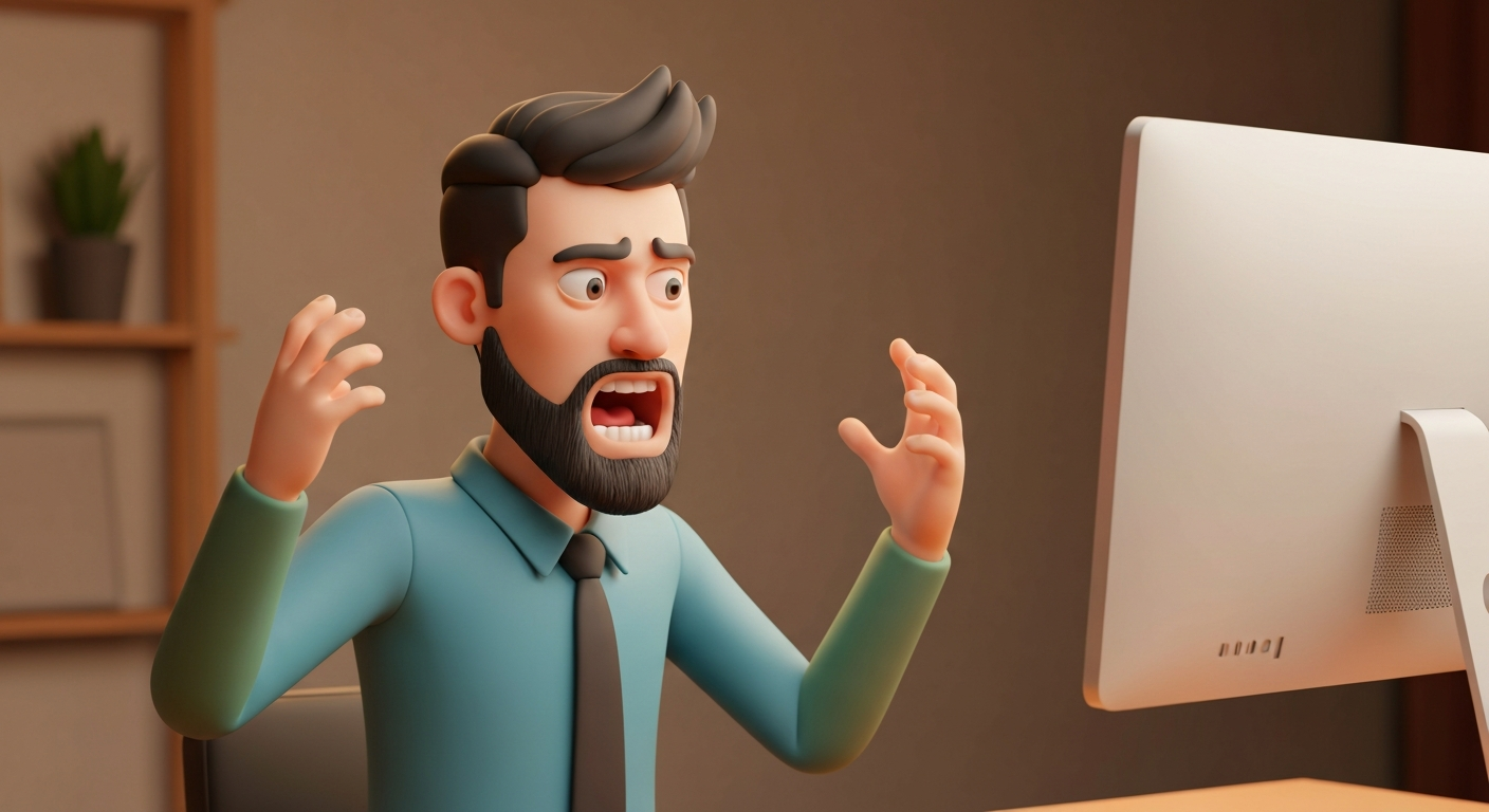 A person looking frustrated at a blank computer screen, with a looming deadline in the background.