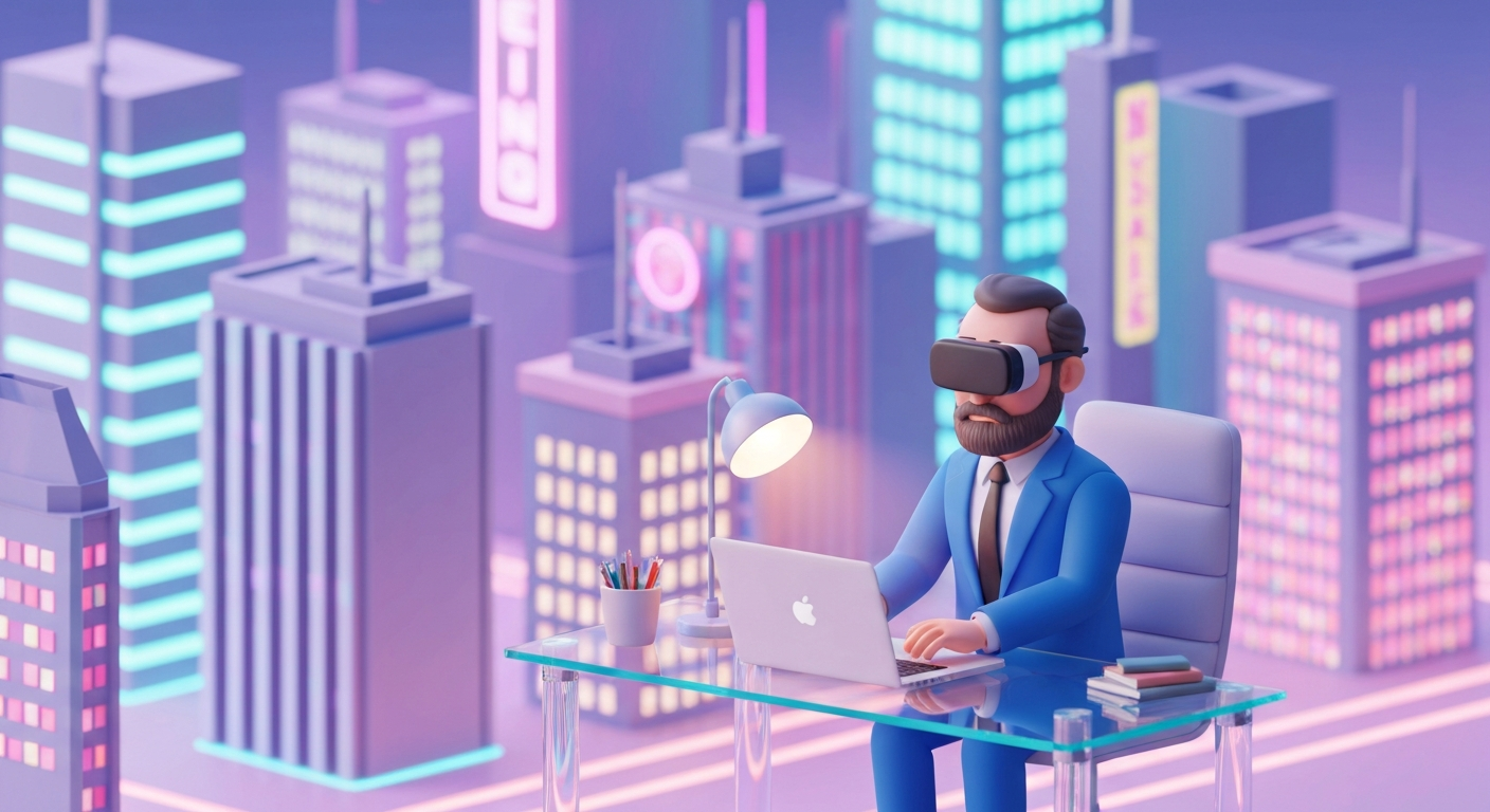 Cute 3D clay style, a man sitting at a desk with a laptop, bored expression, remote working, pastel colors