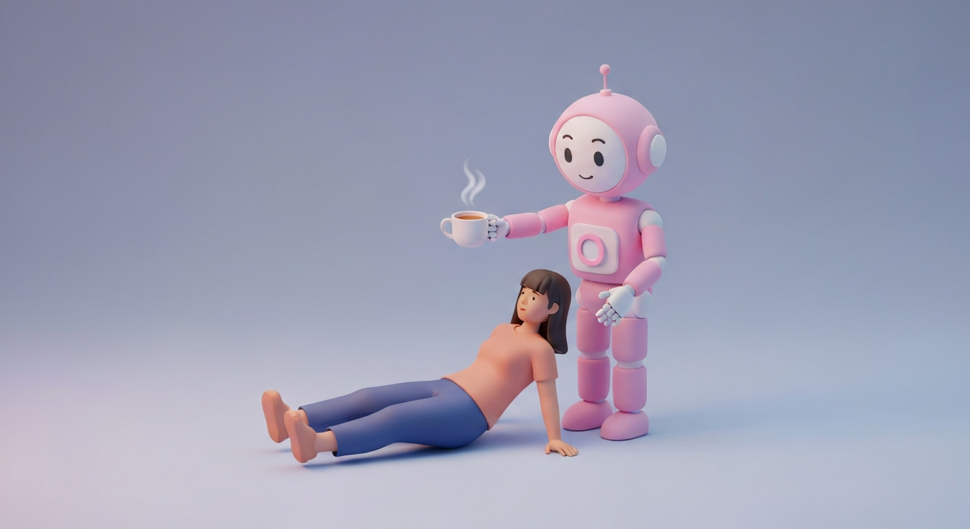 Cute 3D render, a person collapsing from stress, being rescued by a friendly robot offering a cup of tea, pastel colors
