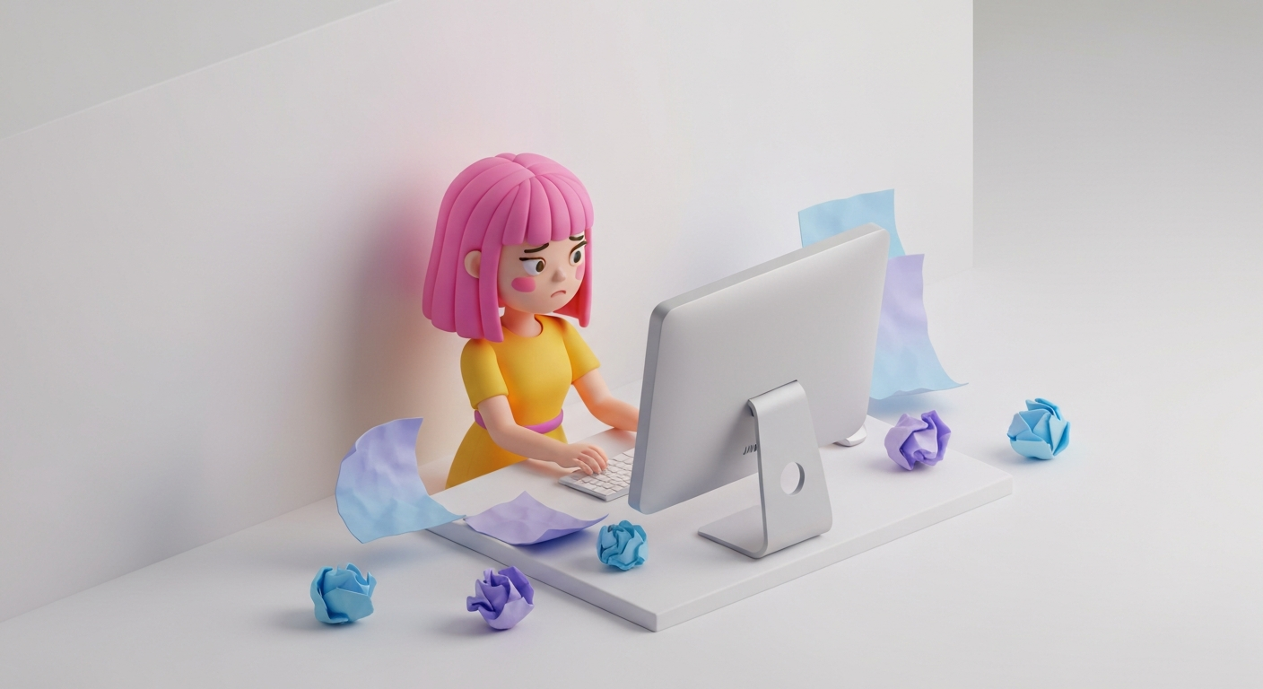 A frustrated blogger stares at a blank screen, surrounded by crumpled papers.