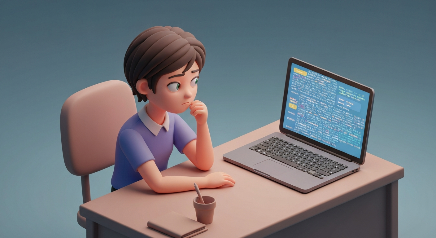 A person sitting at a desk looking skeptically at a laptop screen filled with AI-generated text.