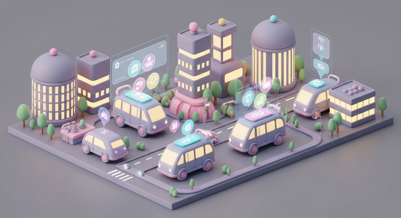 A futuristic cityscape with autonomous vehicles seamlessly integrated with a digital assistant interface.
