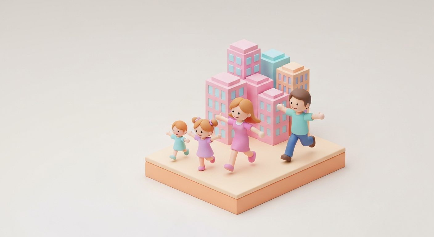 Cute 3D clay style, a family escaping a city, pastel colors