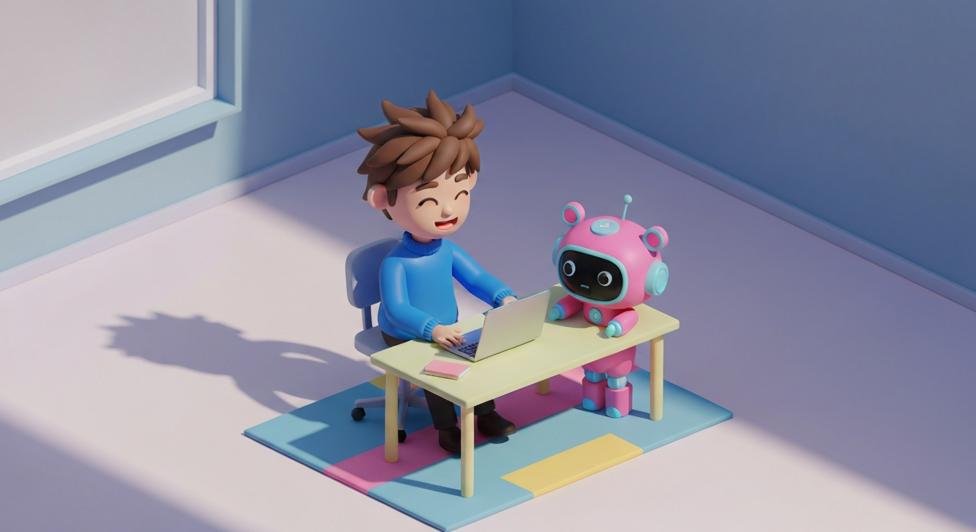 Cute 3D render, a person happily working at a desk with a robot assistant, pastel colors