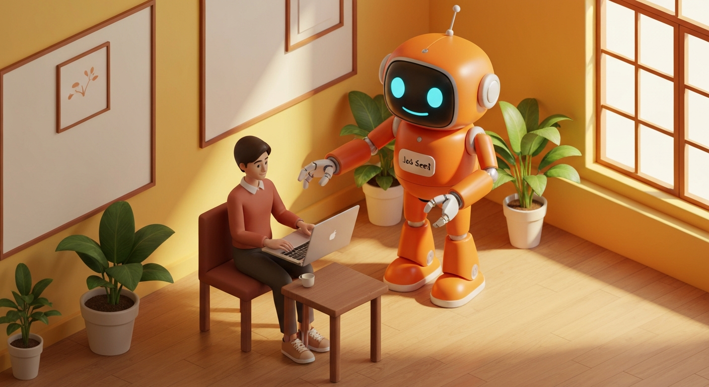 A friendly , helpful robot assisting a job seeker with their laptop in a cozy cafe, digital art