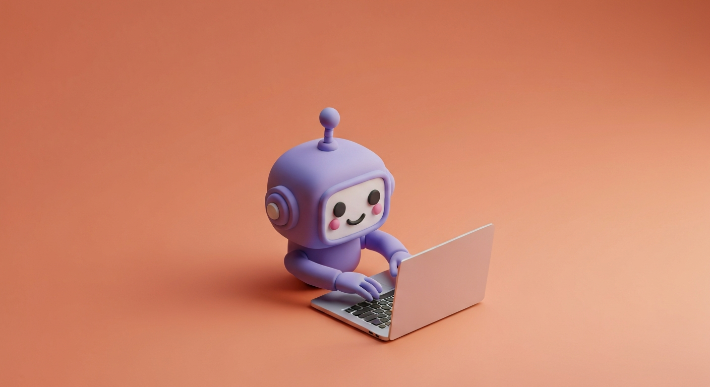 Cute 3D clay style, a robot writing a blog post on a laptop, pastel colors