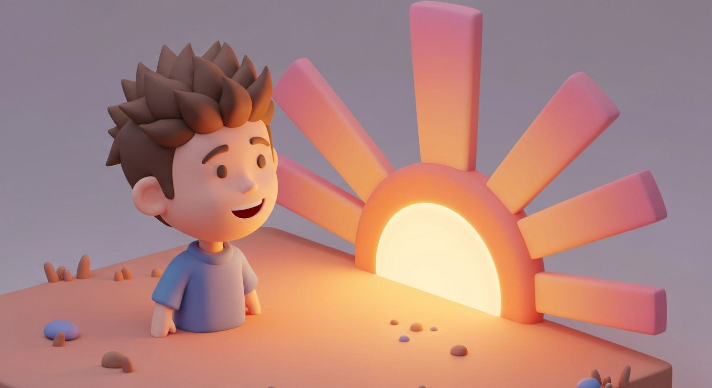 A person looking hopefully at a sunrise, symbolizing a new beginning, warm colors