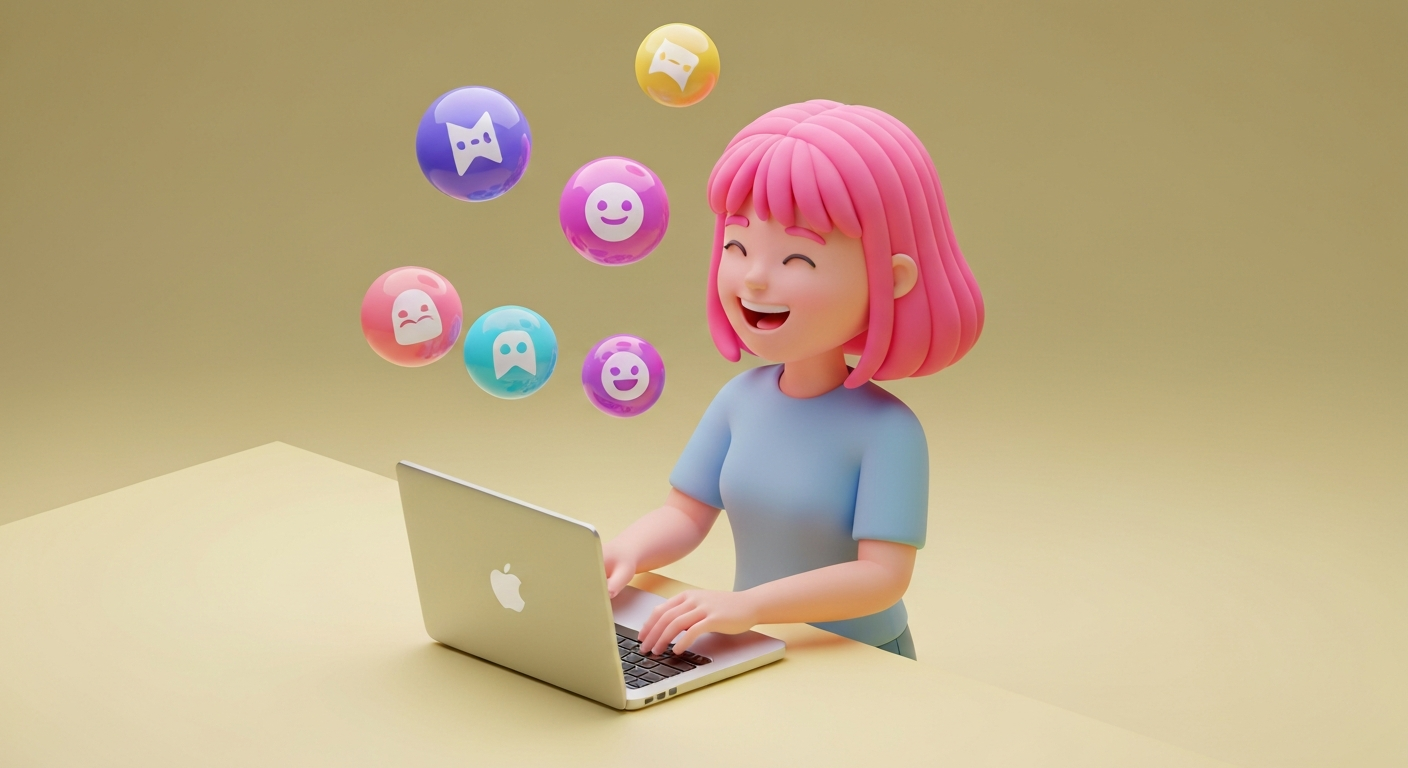 A person happily typing on a laptop with AI assistant icons floating around them.