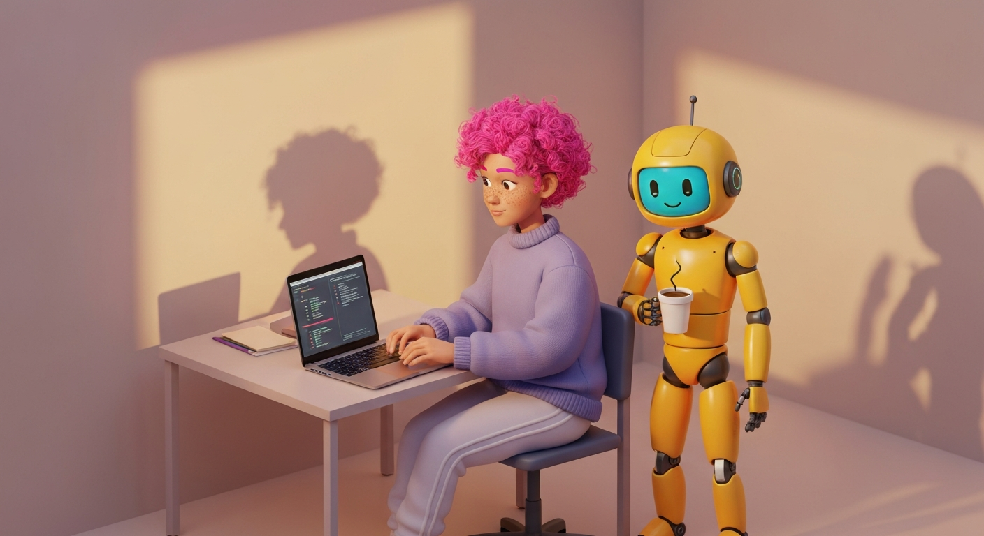 A lonely programmer working from home, but then a friendly robot appears on the screen, offering encouragement , support, digital art