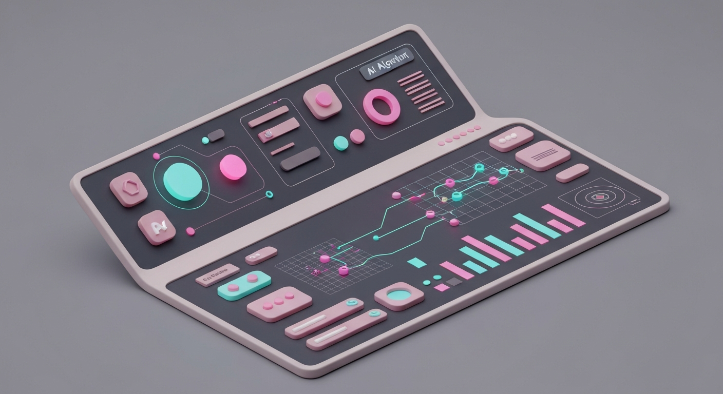 A sleek futuristic dashboard with AI algorithms processing data, visualized with glowing lines , abstract shapes.