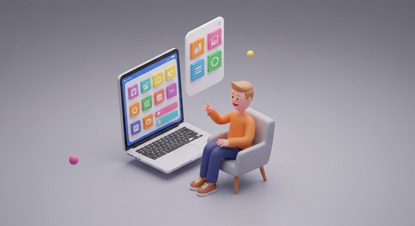 A person happily customizing a mobile app interface on a laptop screen, with colorful icons and charts displayed.