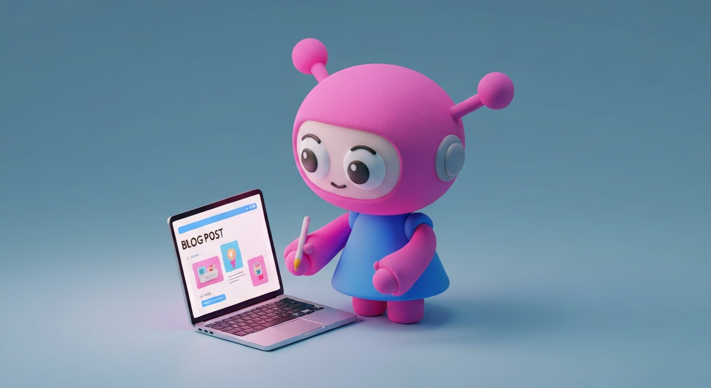 Cute 3D clay style, a robot writing a blog post on a laptop, pastel colors