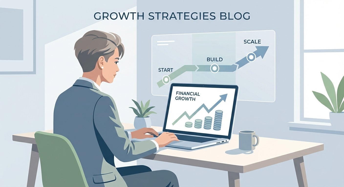 Modern minimalist business blog intro visual. A 30-40s professional (gender-neutral) is seated comfortably at a clean, uncluttered desk in a bright, modern home office, intently focused on a laptop screen. On the screen, or subtly integrated as a holographic overlay/physical element on the desk, is a clear visual roadmap or progress indicator towards financial growth: an upward-trending graph, stacked currency symbols (yen or generic coins), or a clear path with milestone markers. The overall mood is calm, focused, and empowering. Style: Clean photorealistic or flat vector illustration. Aesthetic: Modern, minimalist, professional, high detail, sharp lines, limited color palette (cool blues, greens, greys, whites).