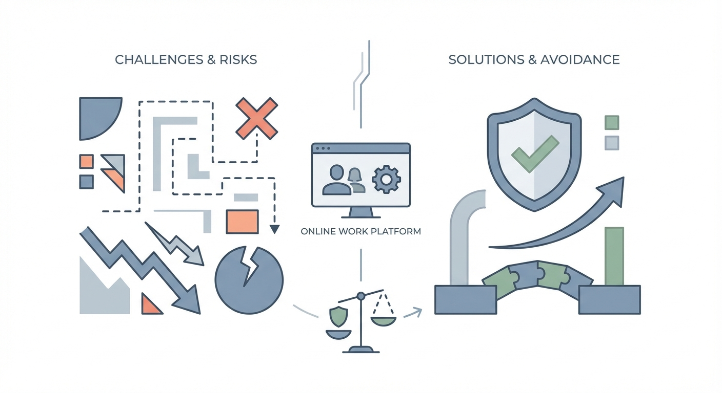 A modern minimalist flat vector illustration for a business blog section graphic. The image visually represents the concept of "disadvantages and risk avoidance" in the context of an online work platform. Abstract geometric shapes or broken lines on one side symbolize challenges, pitfalls, or risks, such as a subtle red "X," a fragmented path, or a downward arrow. Counterbalancing these on the other side are elements depicting solutions, protection, and mitigation: a stylized shield, a smooth upward curve, a connecting bridge, or a green checkmark, all conveying safety and strategy. The color palette is clean, professional, and limited, using muted blues, grays, with contrasting accents of soft orange for warning elements and muted green for protective solutions. Ample negative space, sharp lines, business blog graphic.
