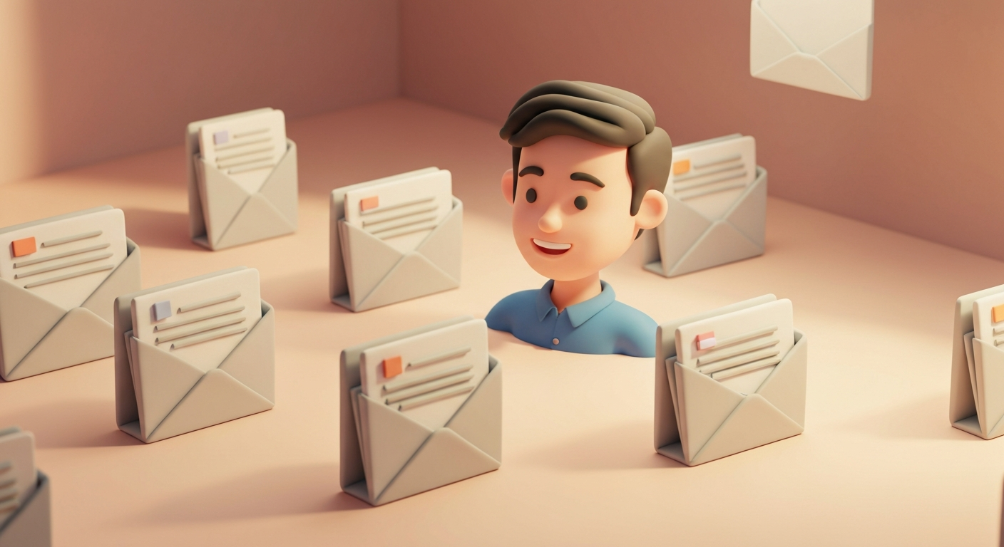 Man drowning in a sea of email inboxes