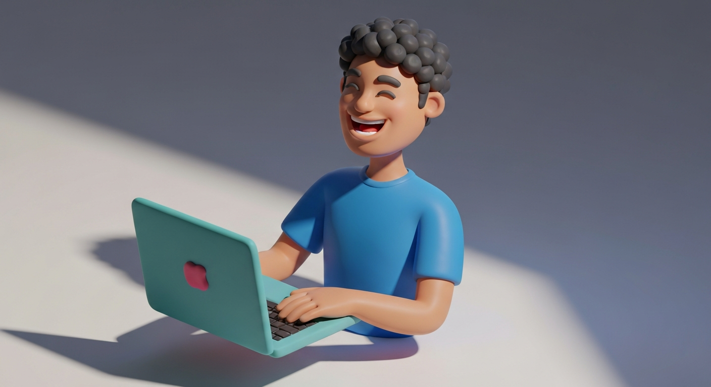 Man happily closing laptop at sunset