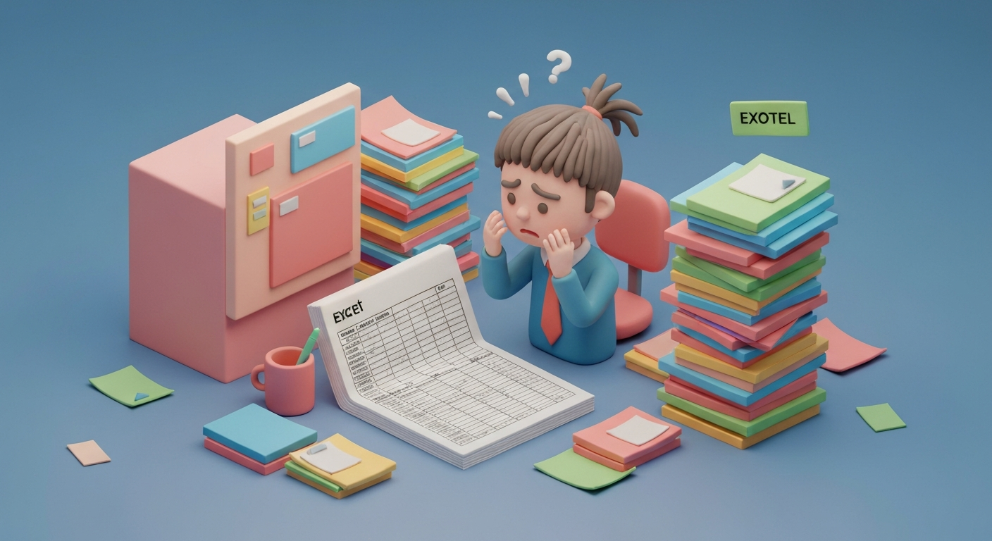 A stressed office worker surrounded by piles of paper , a complex Excel spreadsheet.