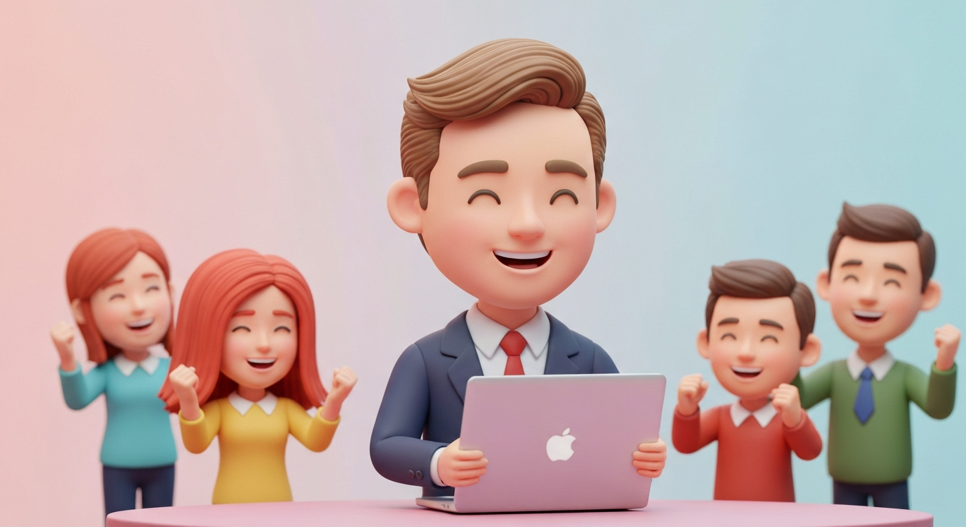 Man happily closing laptop, smiling, family cheering in background