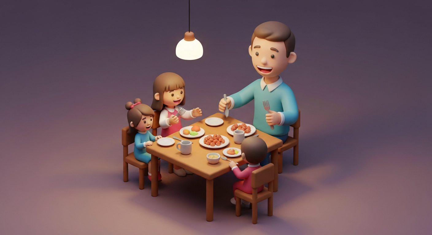 A man happily eating dinner with his family