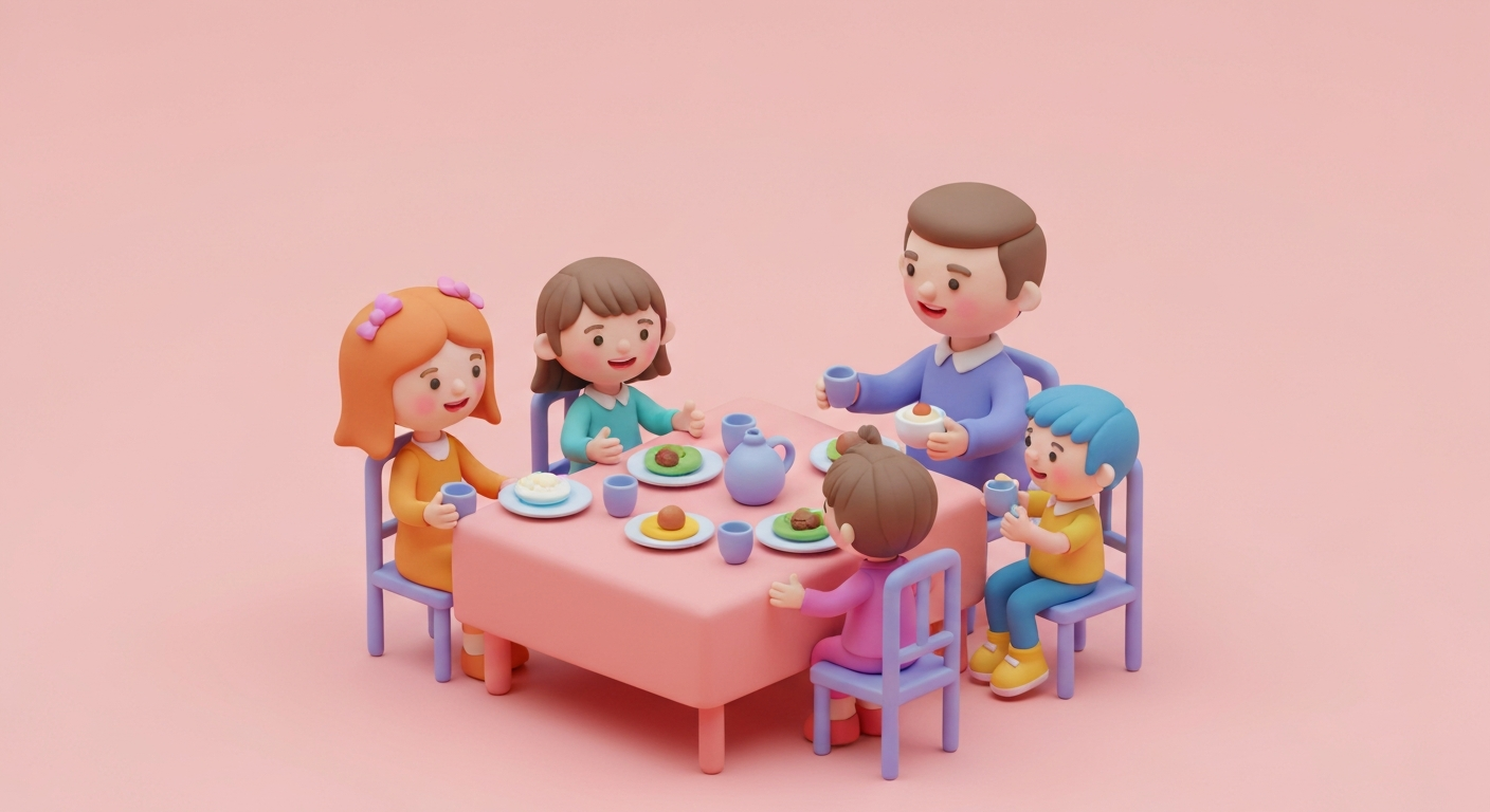 Cute 3D clay style, a family happily eating dinner at a table, pastel colors