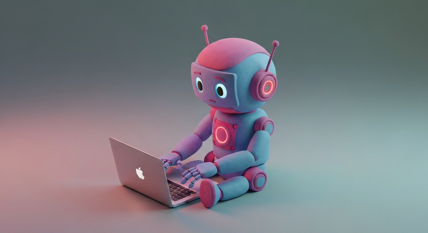 A robot writing a blog post on a laptop