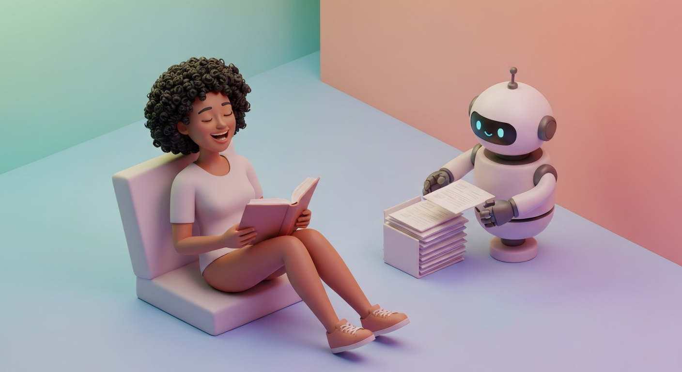 A woman happily relaxing with a book, while a robot efficiently organizes documents nearby.