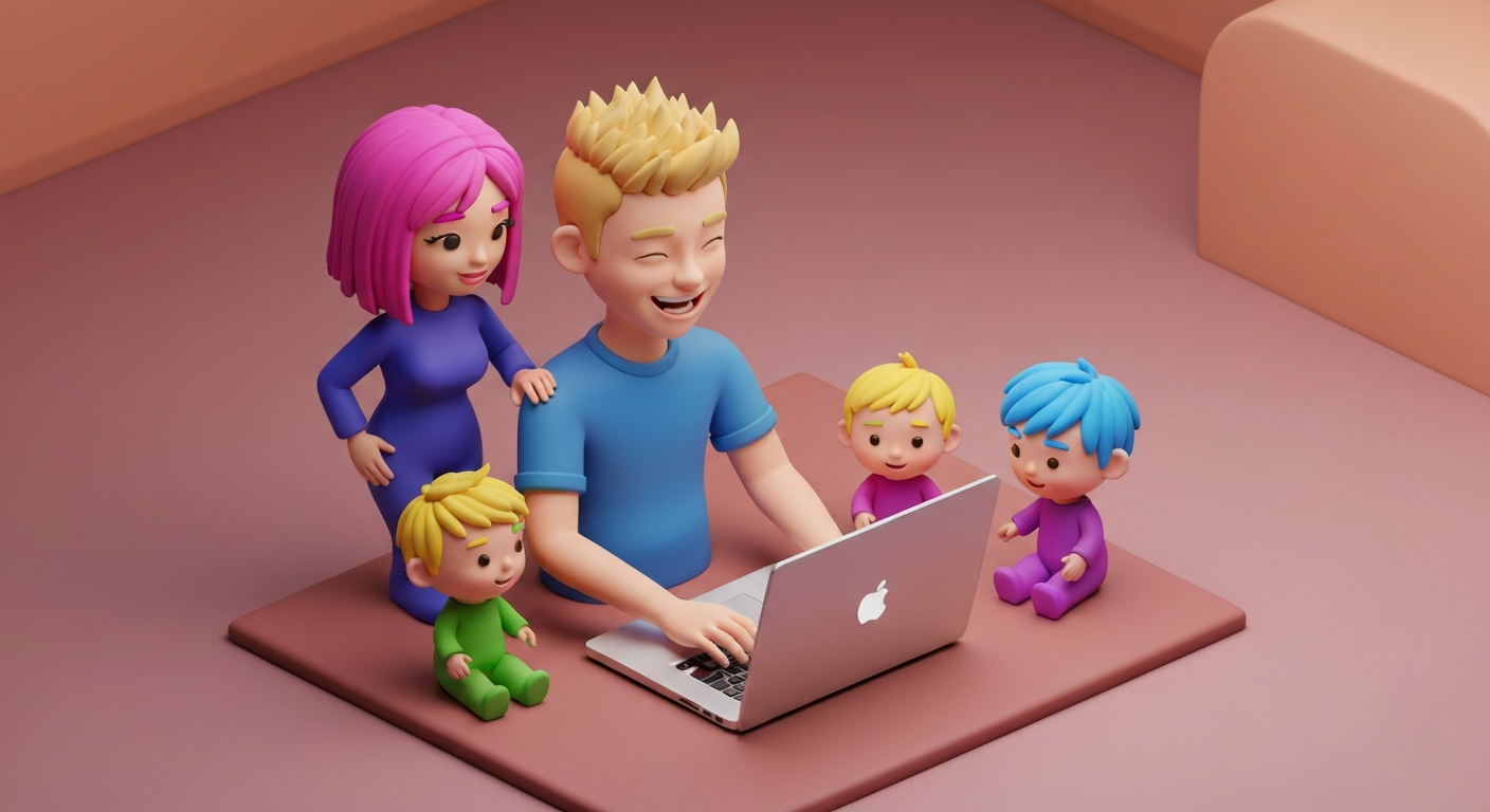 A person happily closing their laptop with family around them.