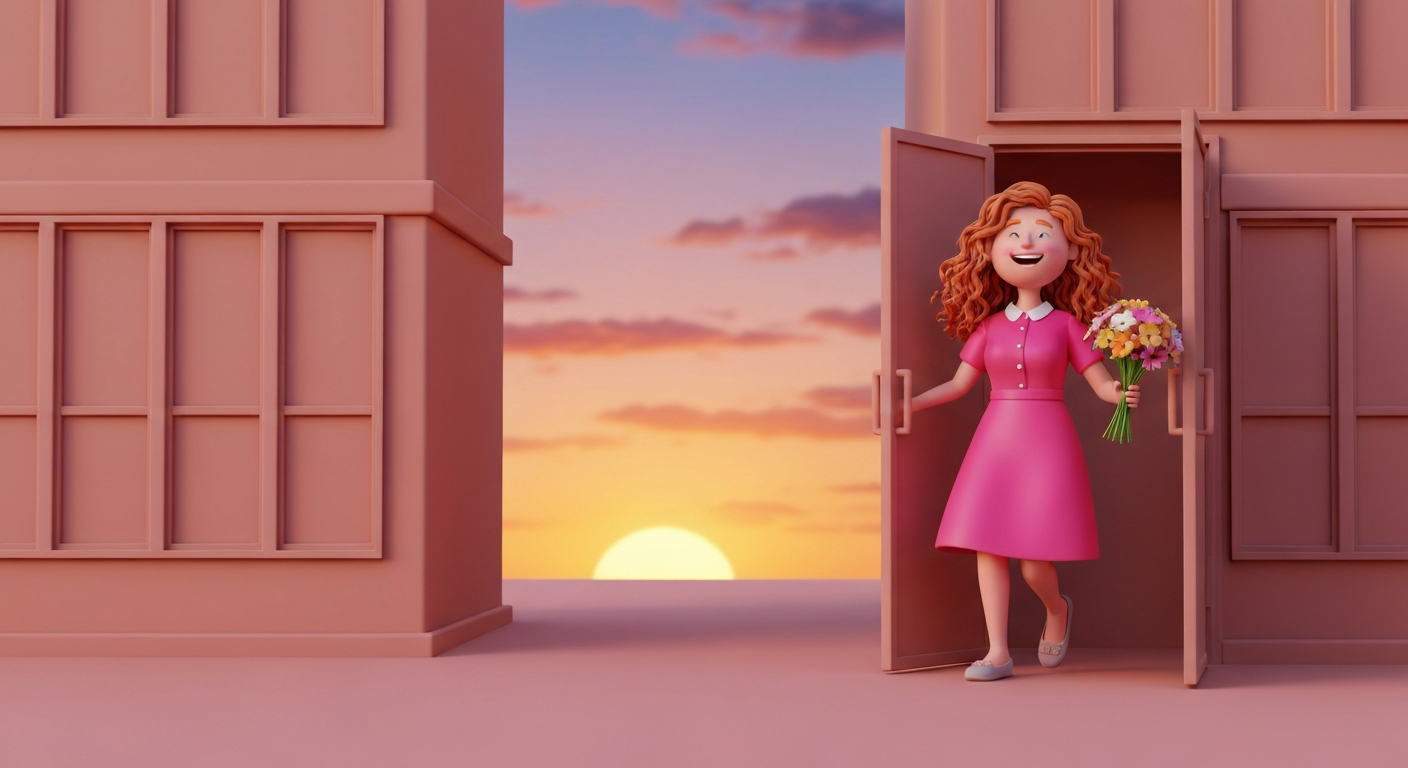 A person happily leaving their office building with a smile, sunset in the background