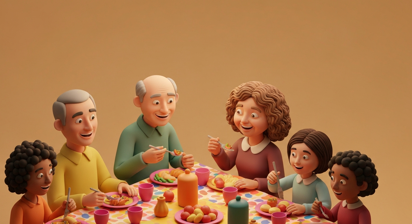 Close-up of a person happily eating dinner with their family, warm lighting, focus on the smiling faces