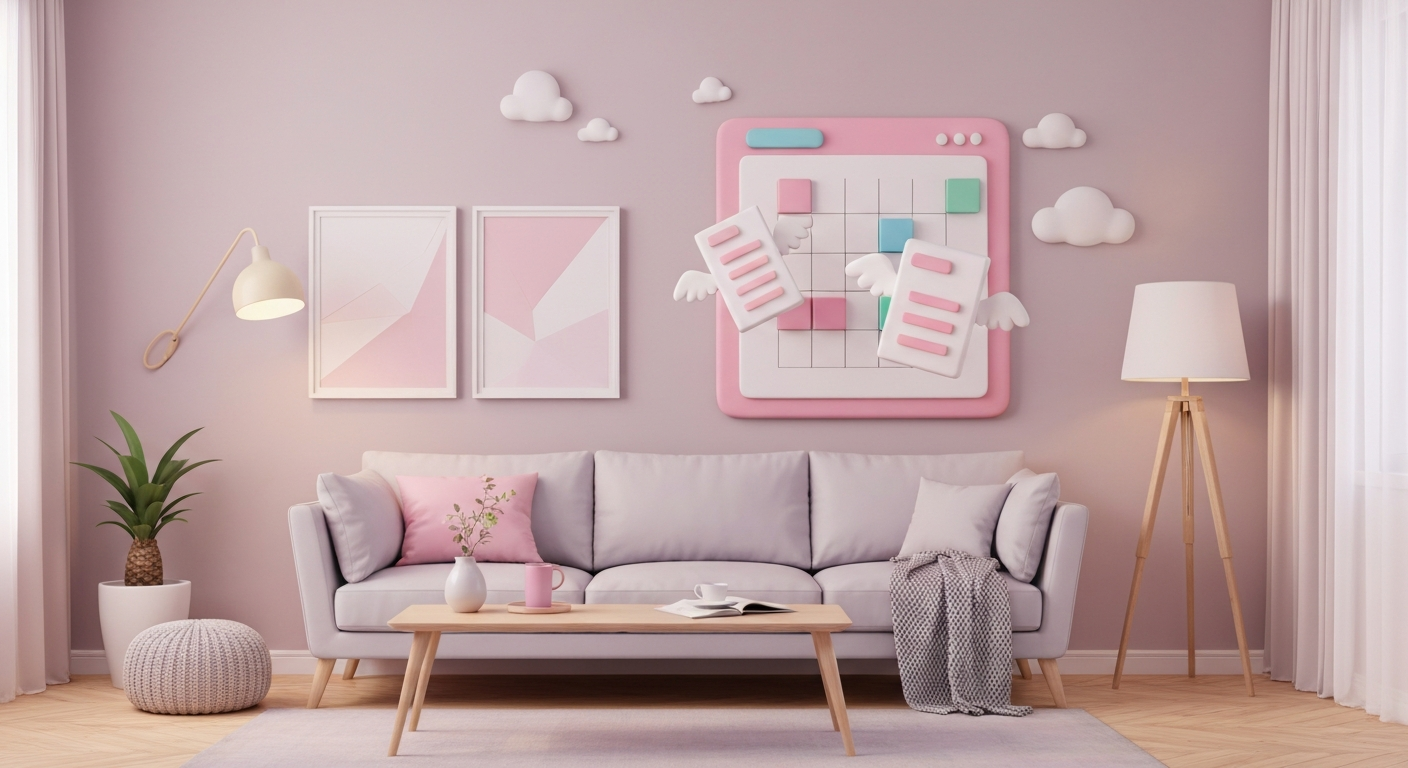 Cute 3D clay style, a spreadsheet with wings flying above a desk, pastel colors