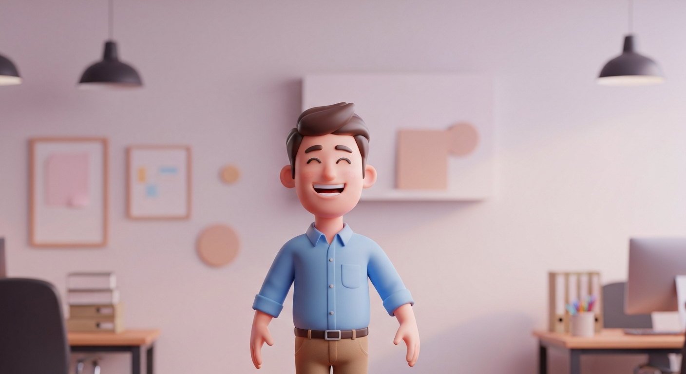 A man happily leaving his office early to join his family at home, cartoon style