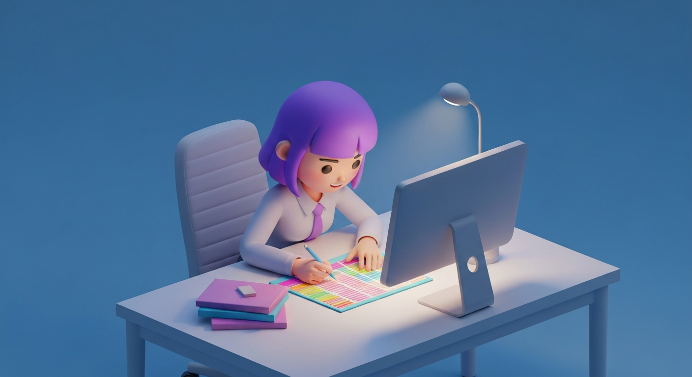 Cute 3D render of a stressed office worker copying , pasting data into a spreadsheet at night