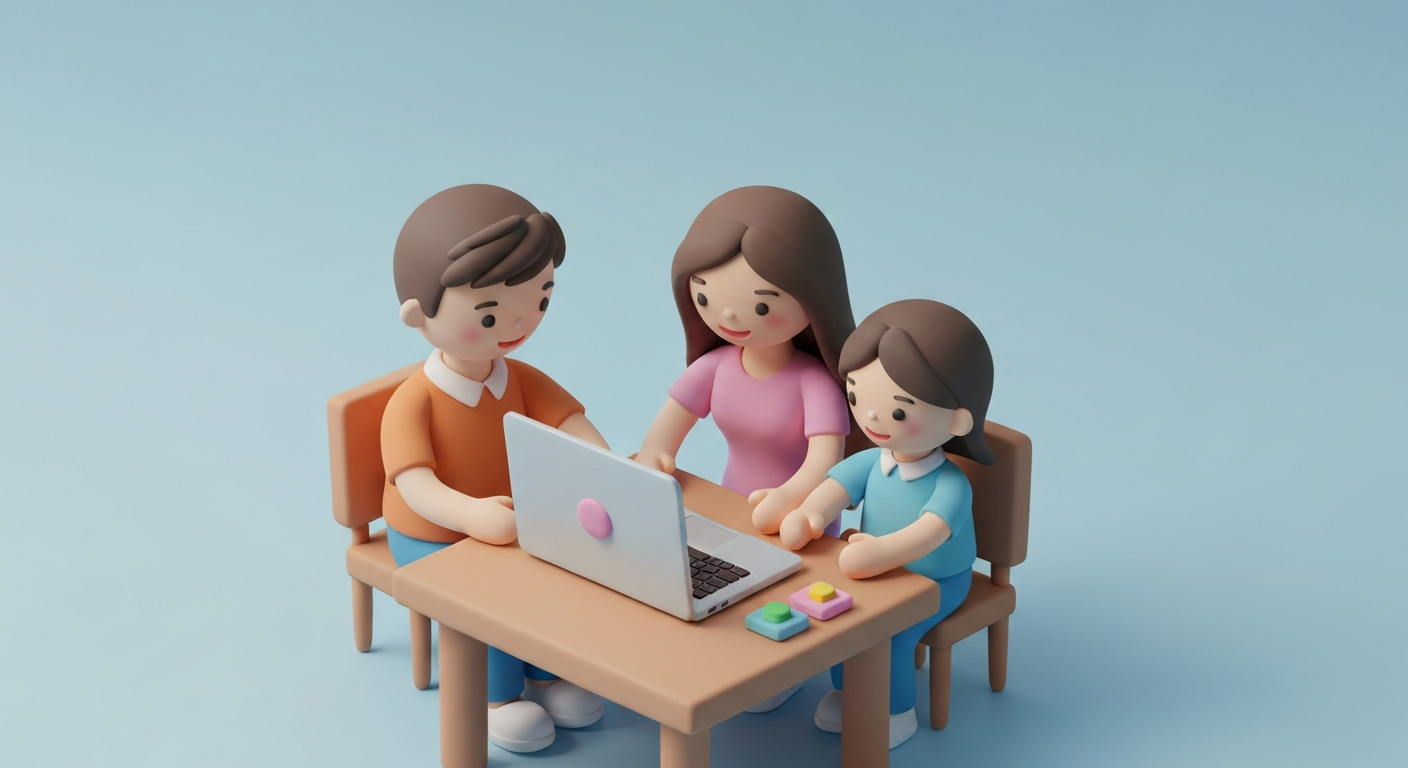 Cute 3D clay style, a family happily gathered around a laptop, pastel colors
