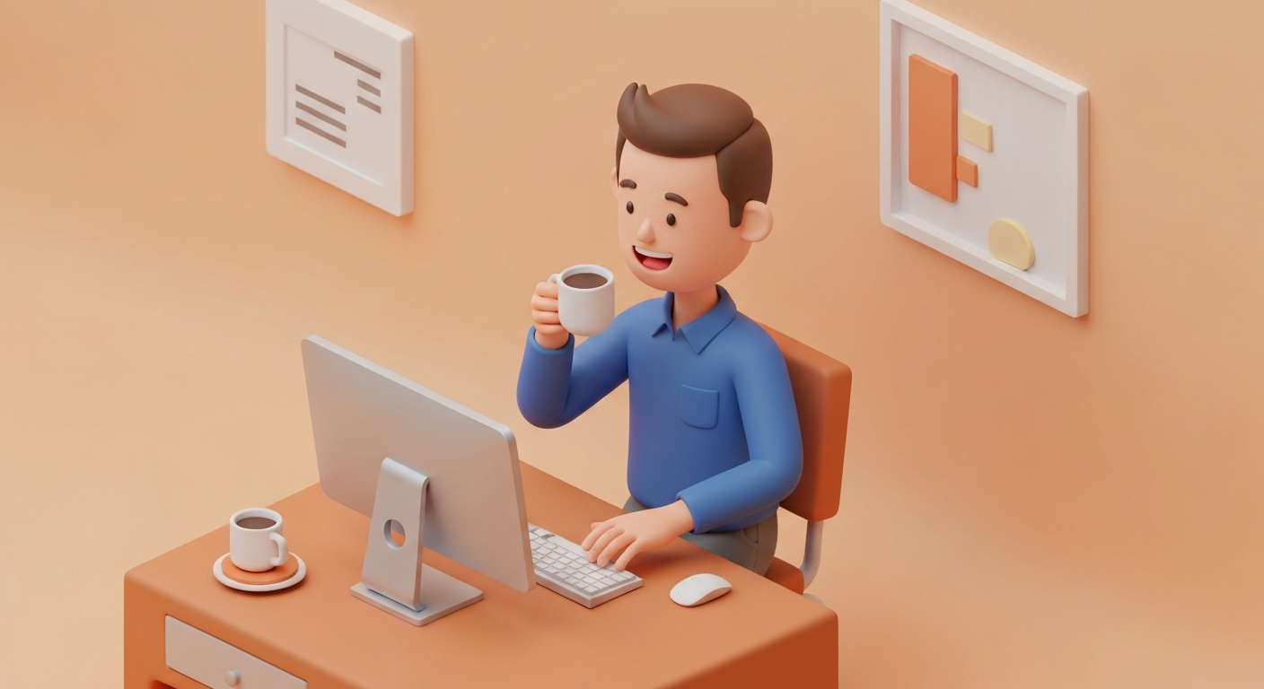 a man happily working at a computer while drinking coffee