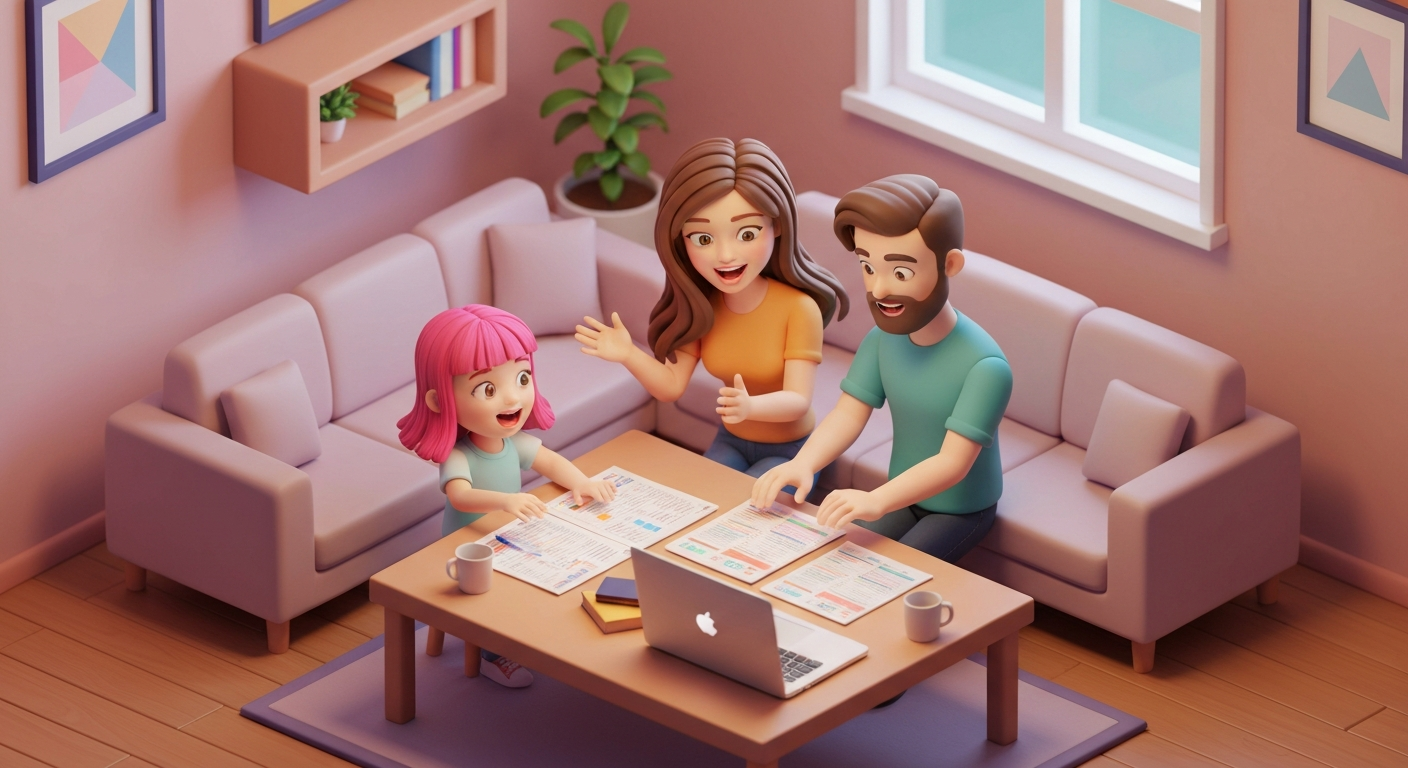 A family happily planning a vacation around a table, using a laptop , spreadsheets.