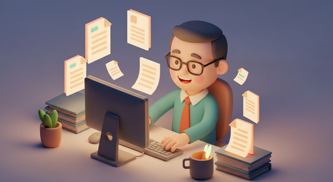 A person happily working at a computer, surrounded by glowing documents , files.