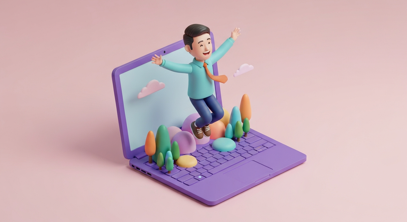 A person happily jumping out of a laptop screen into a colorful landscape