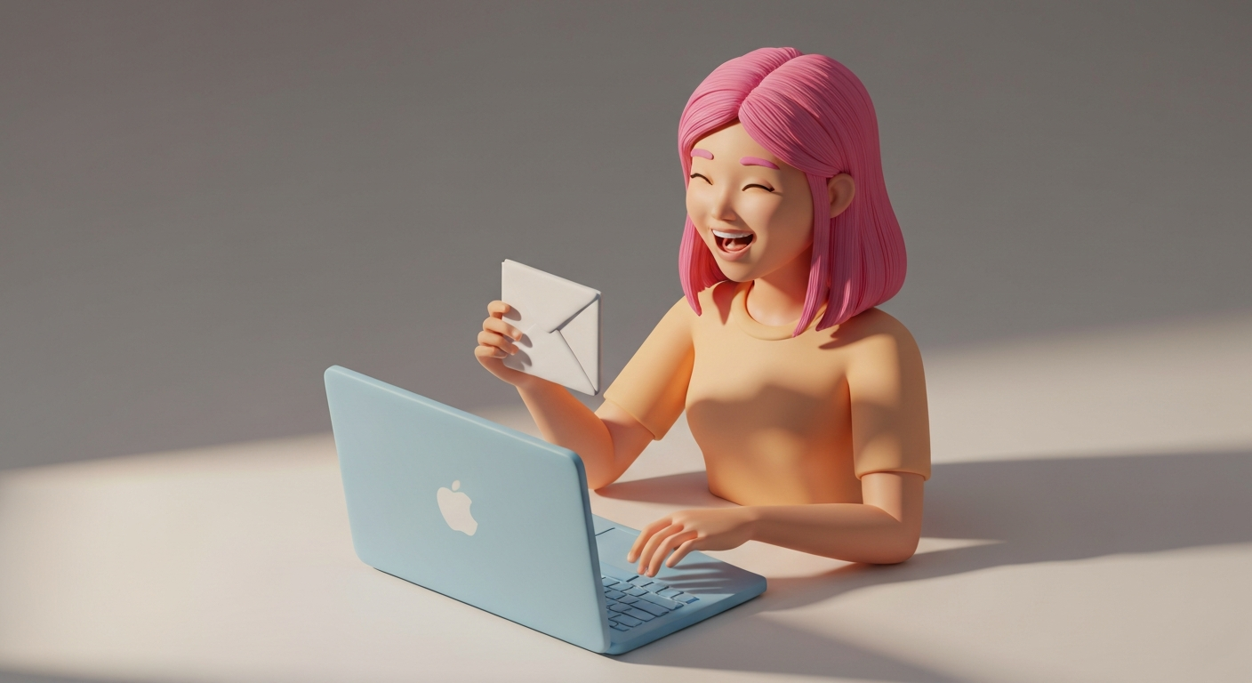 A person happily deleting emails in front of their laptop, digital art