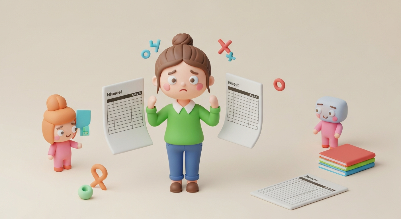 A stressed office worker surrounded by excel sheets.