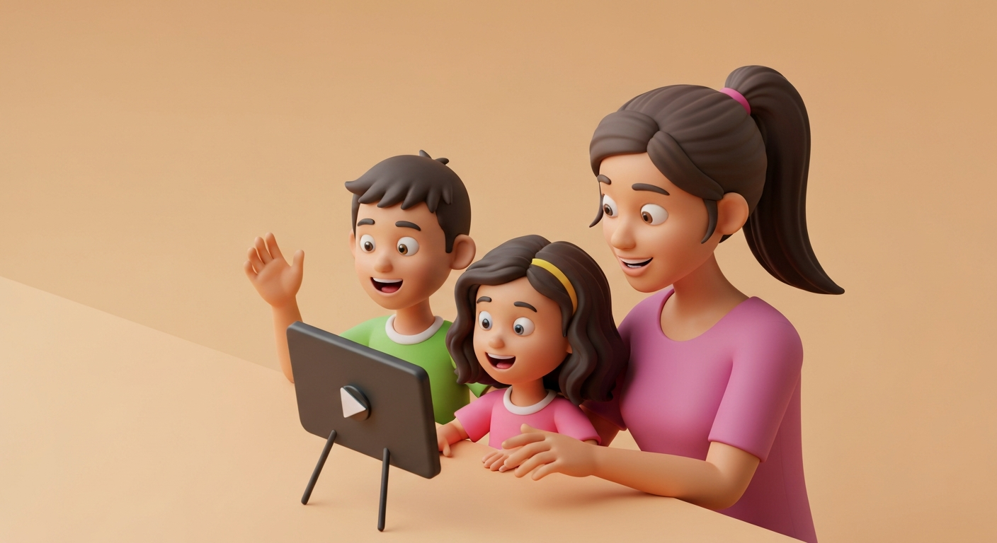 A happy family watching a video together, colorful , cheerful