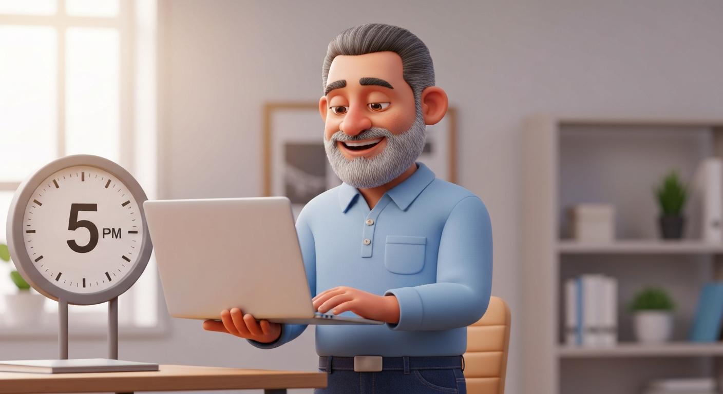 A person happily closing their laptop at the end of the workday, with a clock showing 5 PM.