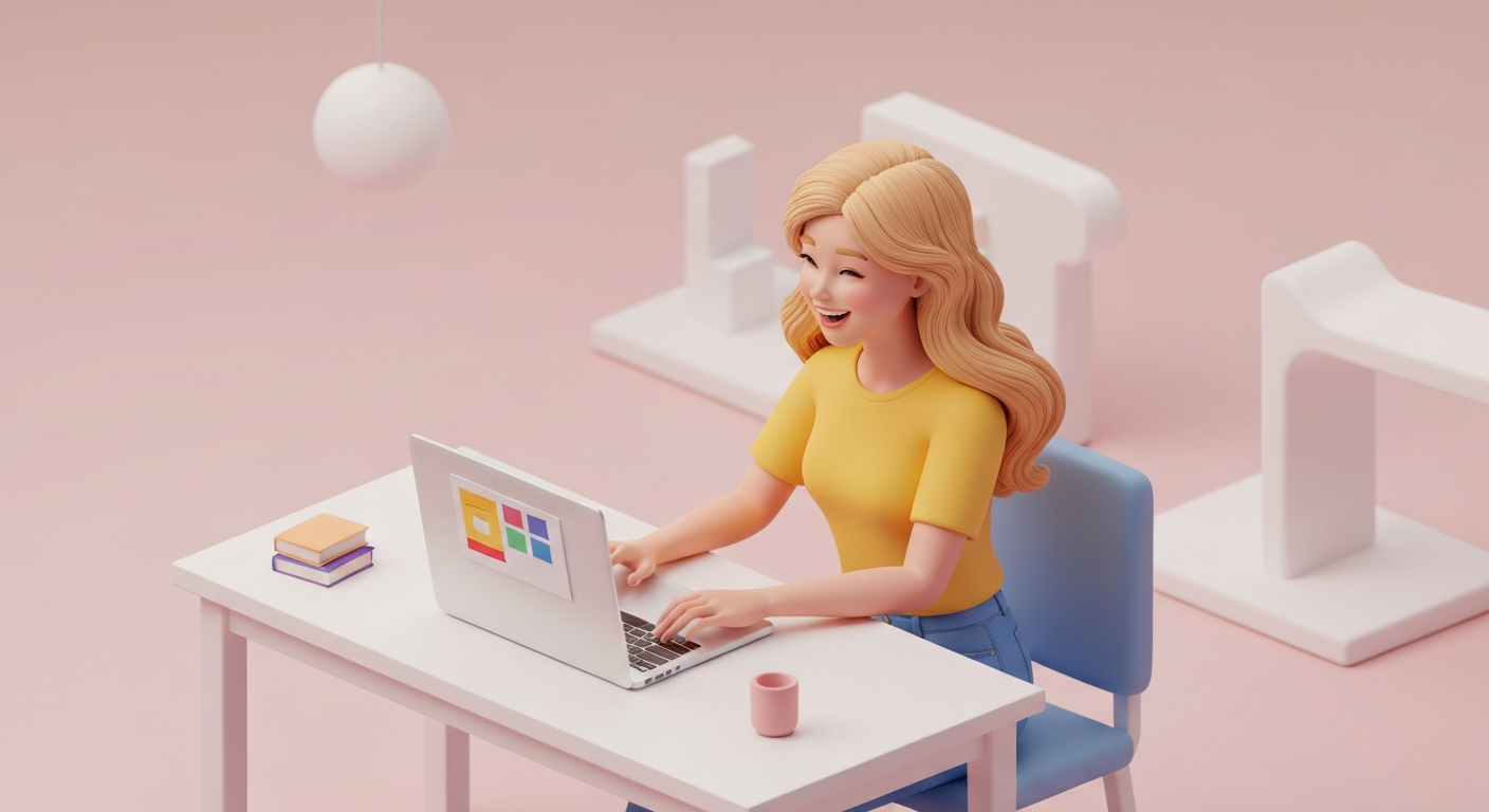 A person happily working on a presentation on a laptop.